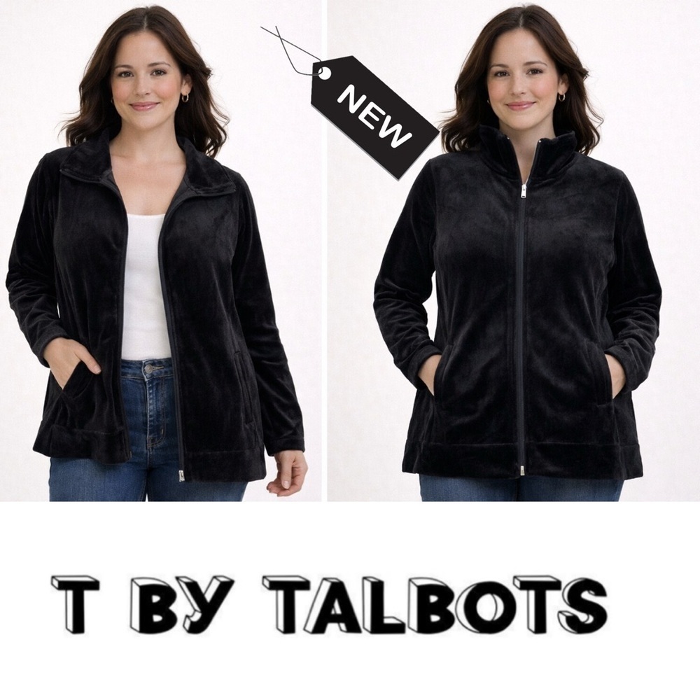 NWT T by Talbots black velour collared zip sweater jacket w/pockets siz M petite